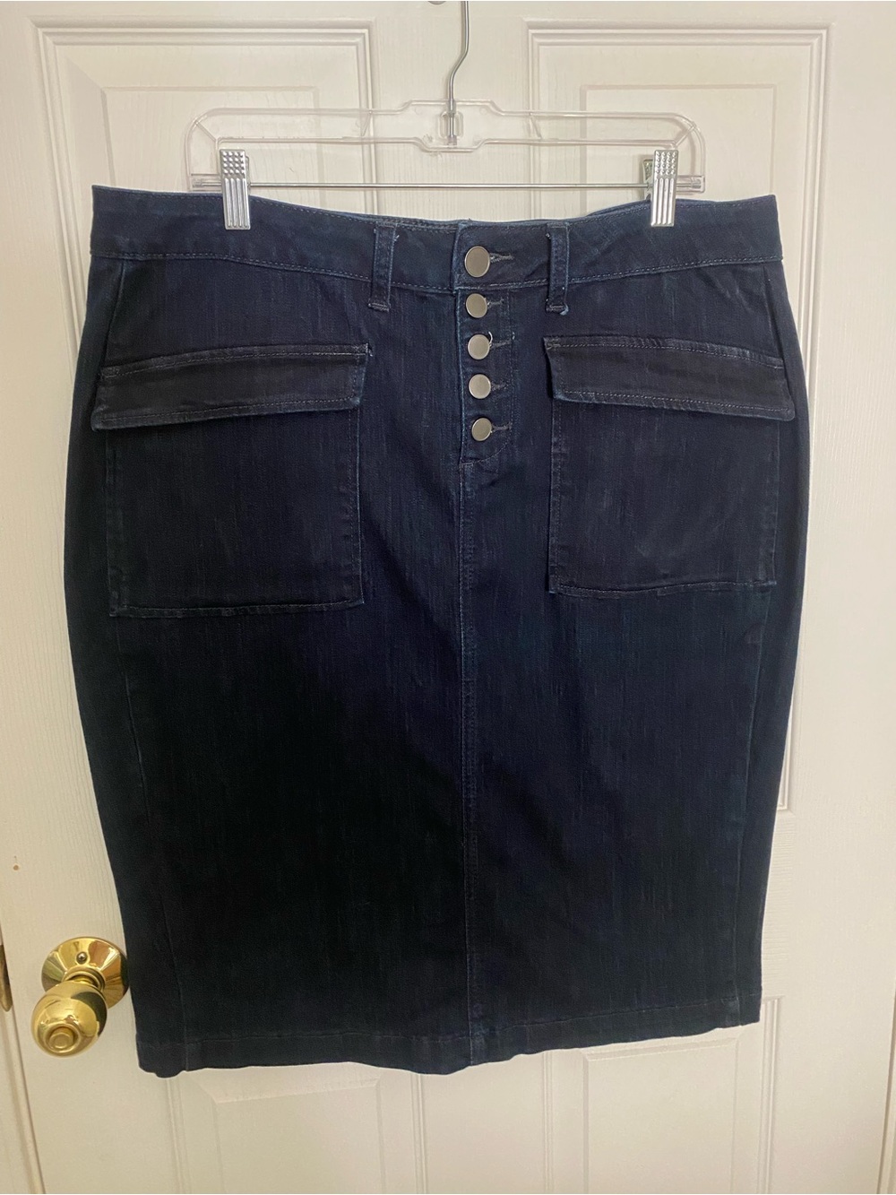 Venezia Dark Blue Denim Pencil Skirt with Front Flap Pockets